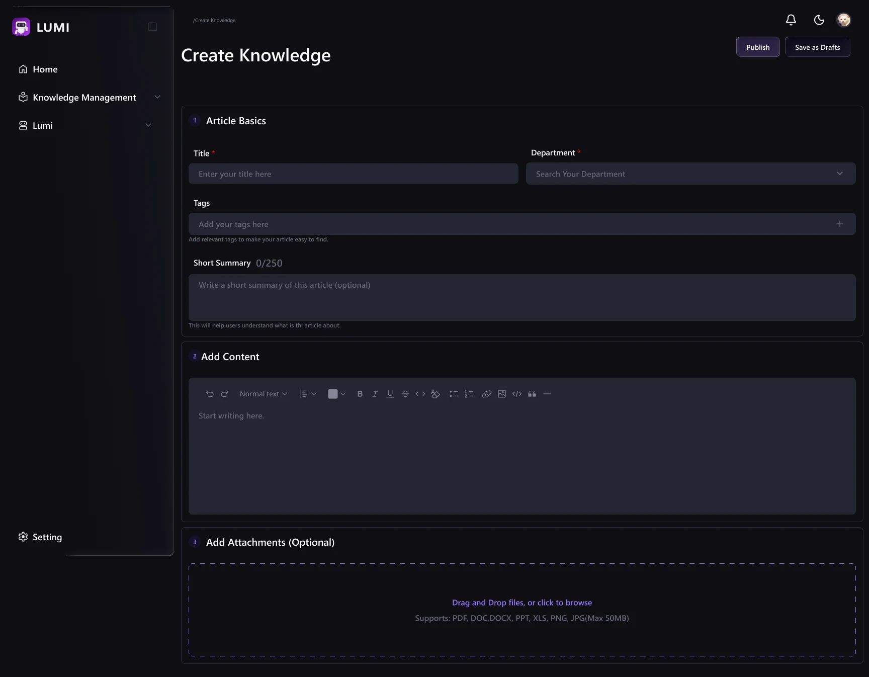 Create Knowledge Page